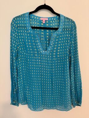 *LIKE NEW* Lilly Pulitzer Silk Teal Blouse w/ Gold Threaded Details